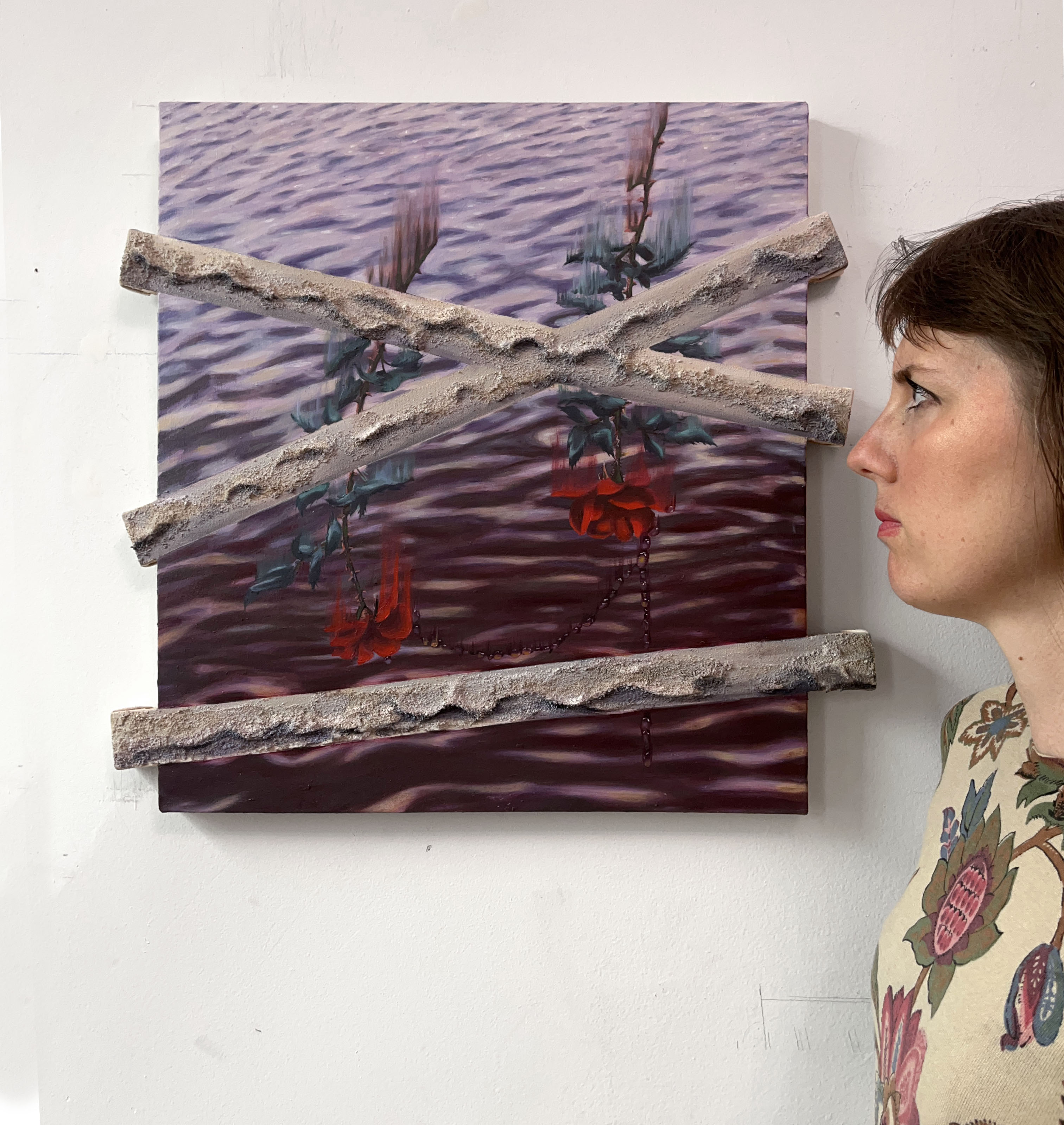 Take Me Down With You, (figure for scale), 19.5x21x1 <br>oil and pumice gel on built canvas, 2024
<br>